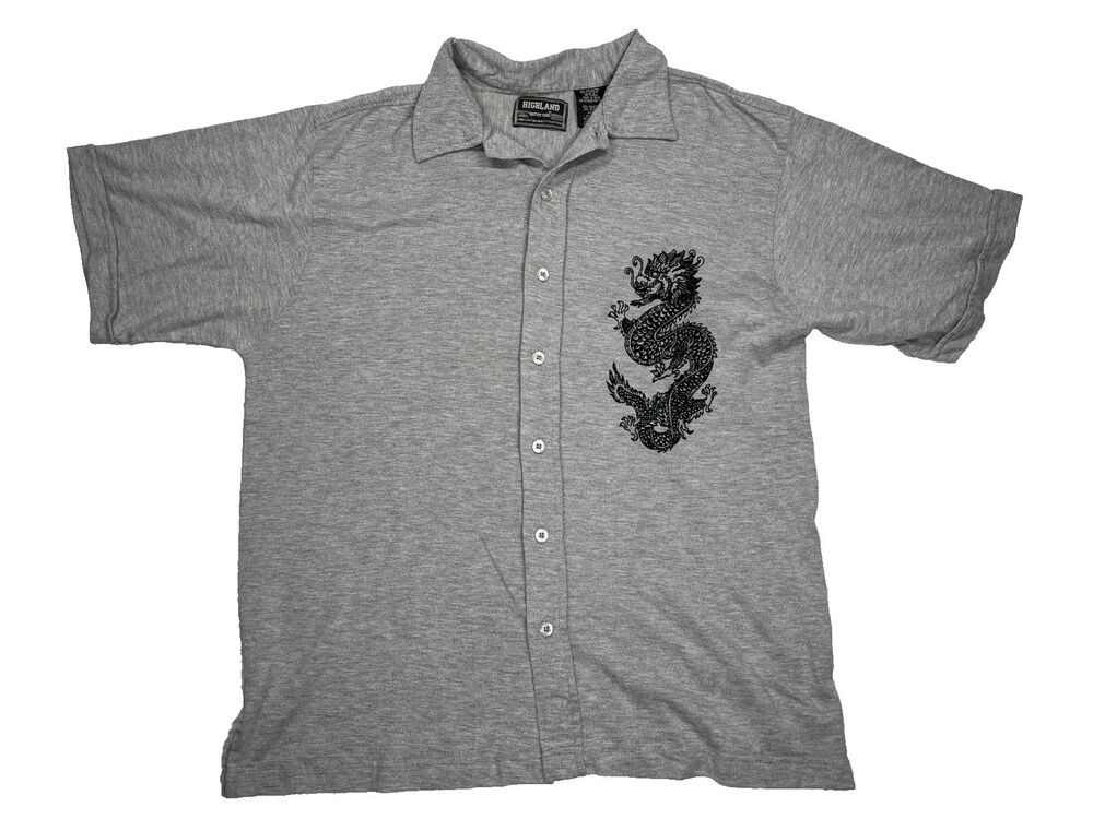 VTG Y2K Streetwear Highland Outfitters Mens L Shirt Short Sleeve Gray Dragon